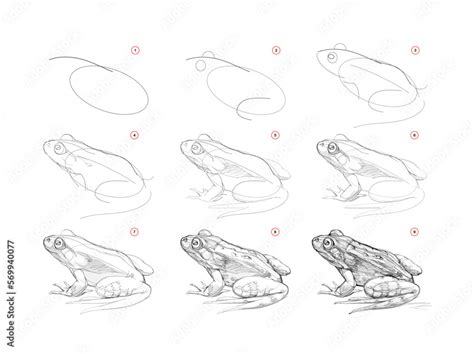 Page shows how to learn to draw sketch of realistic frog. Pencil ...