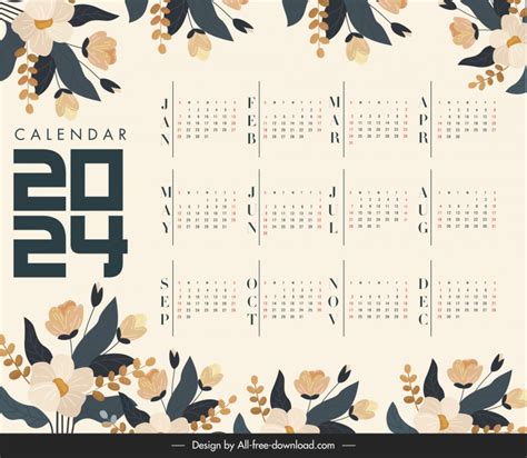 Calendar 2024 template elegant classical flowers Vectors images graphic ...