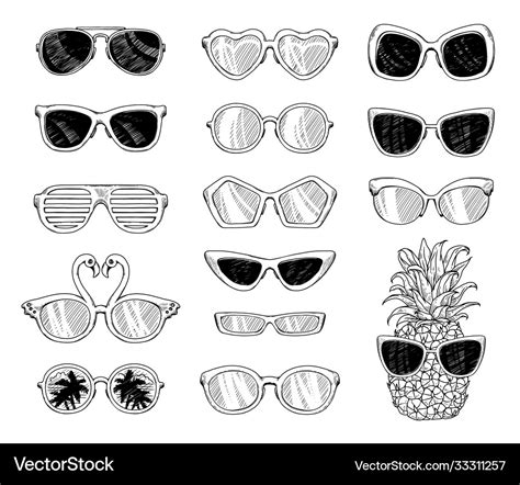 Black and white tropical sunglasses drawing set Vector Image