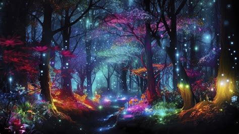 A beautiful fairytale enchanted forest at night made of glittering ...