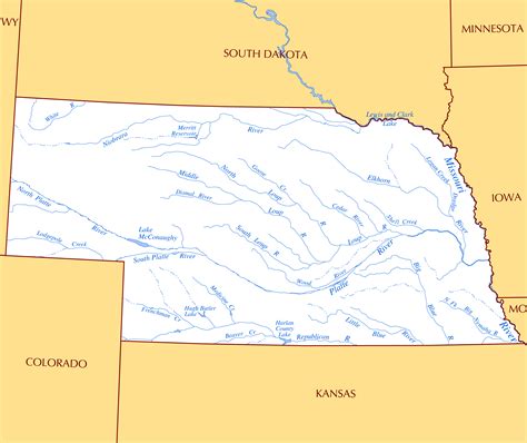 Large rivers and lakes map of Nebraska state | Vidiani.com | Maps of ...