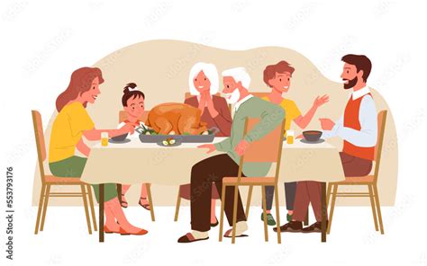 Thanksgiving dinner for happy big family vector illustration. Cartoon ...