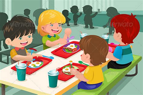 Cartoon kids eating at lunch table | Preschool activities, Cafeteria ...