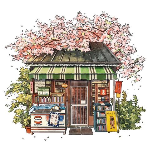 Sakura Bookstore, an art print by Angela Hao | Architecture drawing art ...