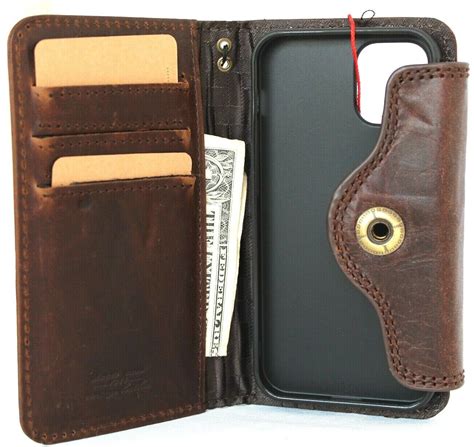 Genuine Natural Dark Leather Case For Apple iPhone 12 Mini Book Wallet ...