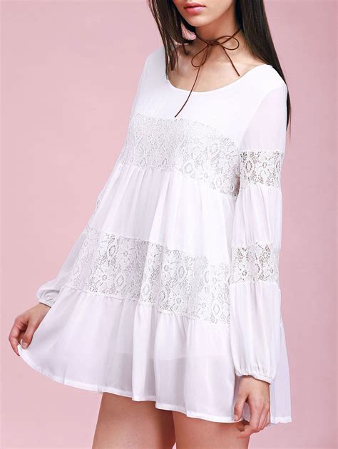 [57% OFF] Lace Insert Mini Casual Swing Dress With Sleeves | Rosegal