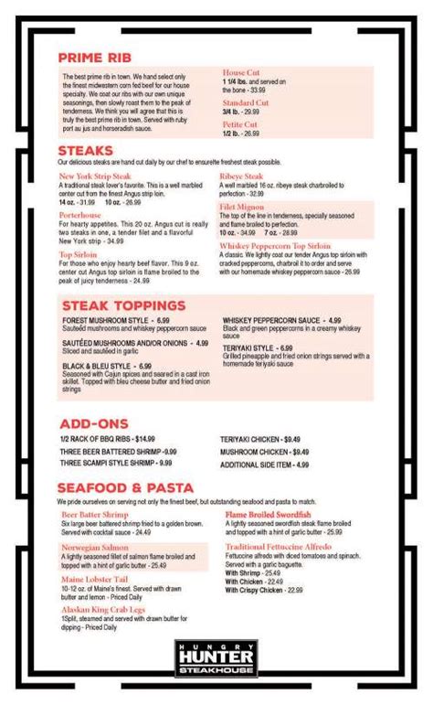 Hungry Hunter Steakhouse menu in Bakersfield, California, USA