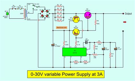 0-30V Variable Power Supply circuit Diagram at 3A - ElecCircuit.com