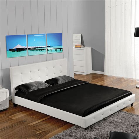 Queen bed frame white PU with crystals | Angelee's Furniture & Mattress