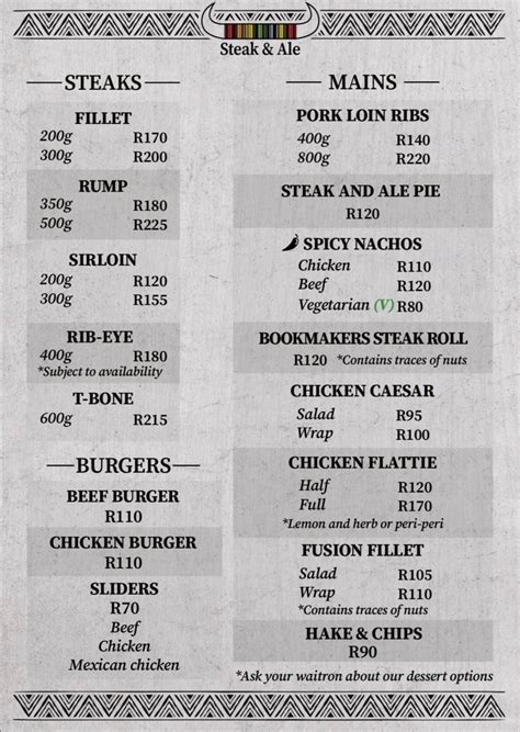 Menu at Steak & Ale restaurant, Umhlanga