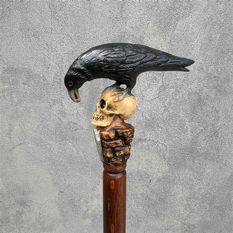 BLACK CROW & SKULL Cane Walking Stick Goth Style Wooden | Etsy