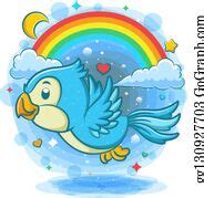 32 Cute Blue Bird Flying With Rainbow Background Clip Art | Royalty Free - GoGraph