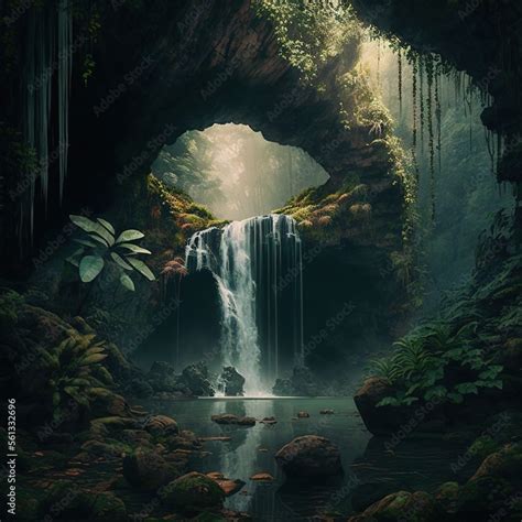 a waterfall in a forest with a cave entrance and a waterfall in the background with rocks and ...