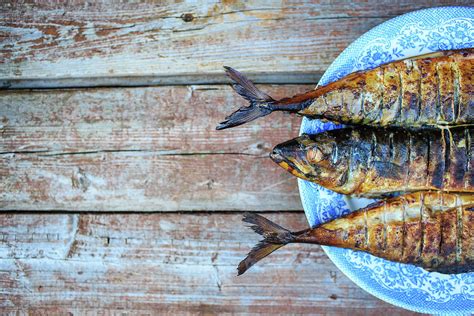 Grilled Mackerel On Blue Plate Photograph by Cavan Images - Fine Art America