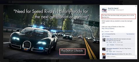 Need for Speed Rivals Xbox One Version Promoted on Facebook With PS4 Review