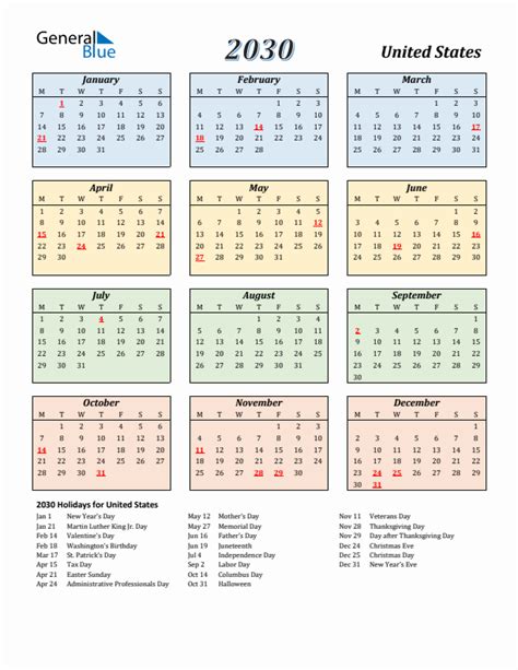 2030 United States Calendar with Holidays