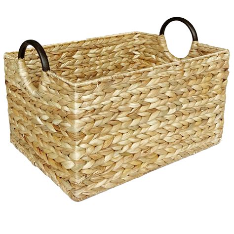 Water Hyacinth Basket Rectangle w/ Iron Handles Large | At Home