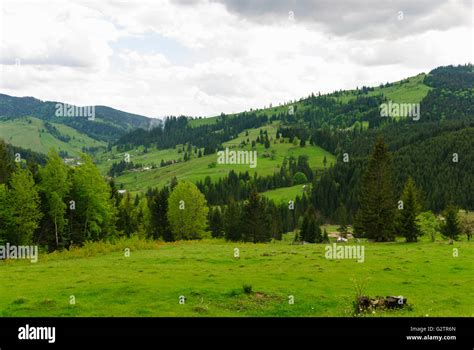 Subcarpathian landscape and mountains, Romania, Moldova, Moldavia, Moldau Carpathians, Sucevita ...