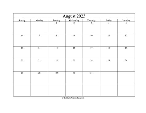 Download August 2023 Printable Calendar Holidays (Word Version)