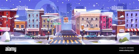 Cartoon winter landscape of city street intersection with cars riding ...