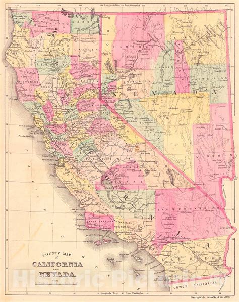 Historic Map : 1881 County Map of California and Nevada : Vintage Wall Art | County map ...