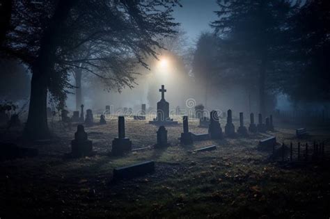 Dark Graveyard at Night, Shrouded in Thick Fog and an Eerie Horror ...