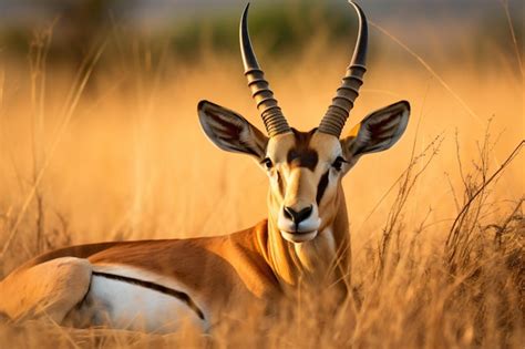 Premium AI Image | a gazelle with long horns sitting in a field