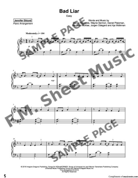 Bad Liar (Easy Piano) By Imagine Dragons - F.M. Sheet Music - Pop Arrangements by Jennifer Eklund