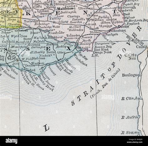 Old map of Strait of Dover from original geography textbook, 1884 Stock Photo - Alamy