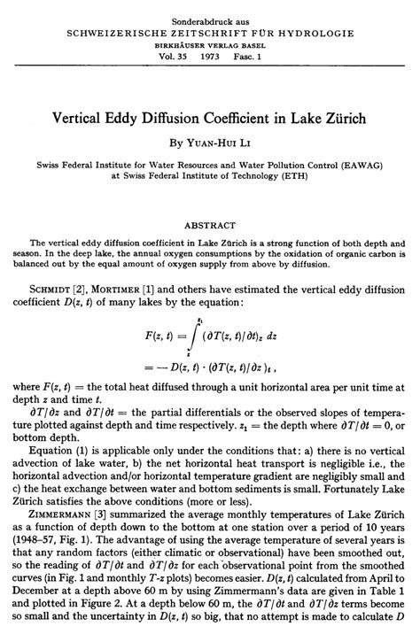 (PDF) Vertical eddy diffusion coefficient in Lake Zürich