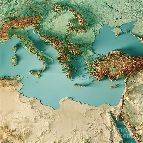 East Mediterranean Sea 3D Render Topographic Map Color Digital Art by Frank Ramspott - Pixels