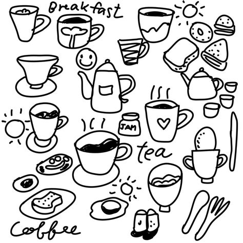 doodle drawing of coffee cup tea and kettle and breakfast stuff bread ...