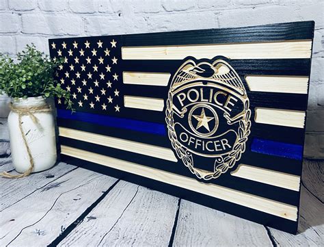 Wood engraved personalized police flag | Etsy