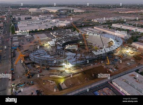 A general overall aerial view of the Intuit Dome construction site with ...