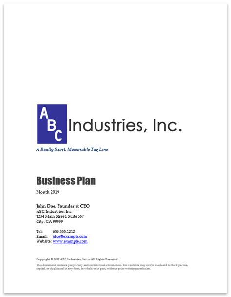 Business Plan Cover Page Template