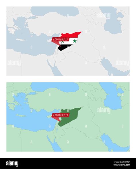 Syria map with pin of country capital. Two types of Syria map with ...