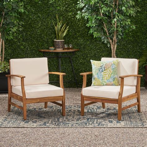 Pearl Outdoor Acacia Wood Club Chairs with Water Resistant Cushions, Set of 2, Teak Finish and ...