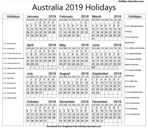 Australia Holidays 2019 Calendar | 2019 Yearly Calendar Template Excel | Yearly calendar ...