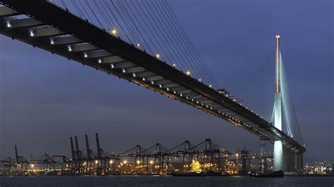 Stonecutters Bridge at night with lighting scheme provided by Arup Cable Stayed Bridge ...