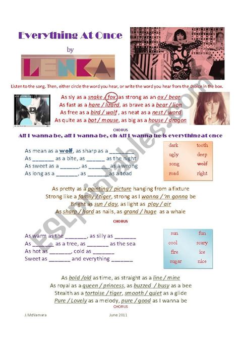 Lenka - Everything at once - ESL worksheet by pikachu8300