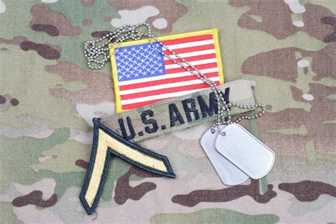 US ARMY Private Rank Patch, Special Forces Tab, Flag Patch, with Dog Tag on Camouflage Uniform ...