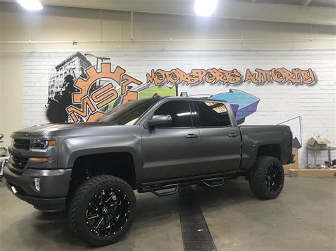 2016 Chevy Silverado wrapped in 3M Satin charcoal wrap with gloss black hood center, roof ...