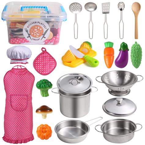 Buy Juboury Kitchen Pretend Play Toys with Stainless Steel Cookware ...