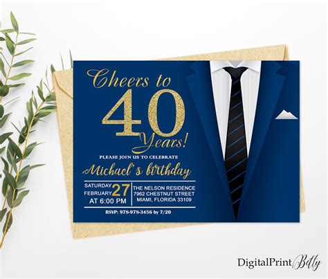 40th Birthday Invitations, Men Birthday Party, Gold and Blue Invite, Cheers to 40 Years ...