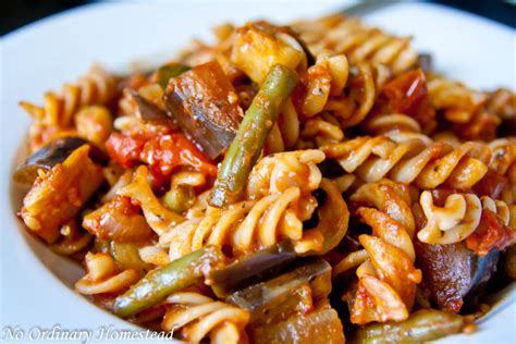 Fall vegetable pasta with zucchini, eggplant & green beans - No Ordinary Homestead