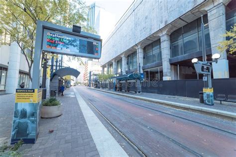 Light Rail Train Station with Passenger Waiting in Downtown Dallas ...