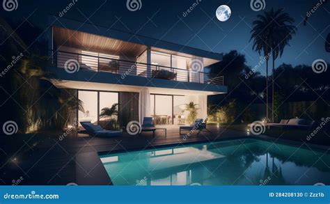 Modern Luxury House with a Swimming Pool at Night, Neural Network Generated Image Stock ...