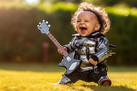 Premium AI Image | A cute kid playing electric guitar