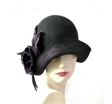 Black Felted Hat, Felt Hat, Cloche Hat,1920 Hat, Art Hat, Black Cloche, Victorian 1920's Wool ...