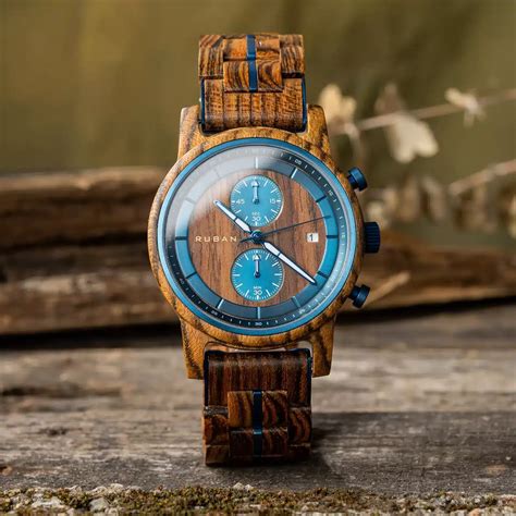 Zebrawood Chronograph Wooden Watch Blue Handcrafted - Rise